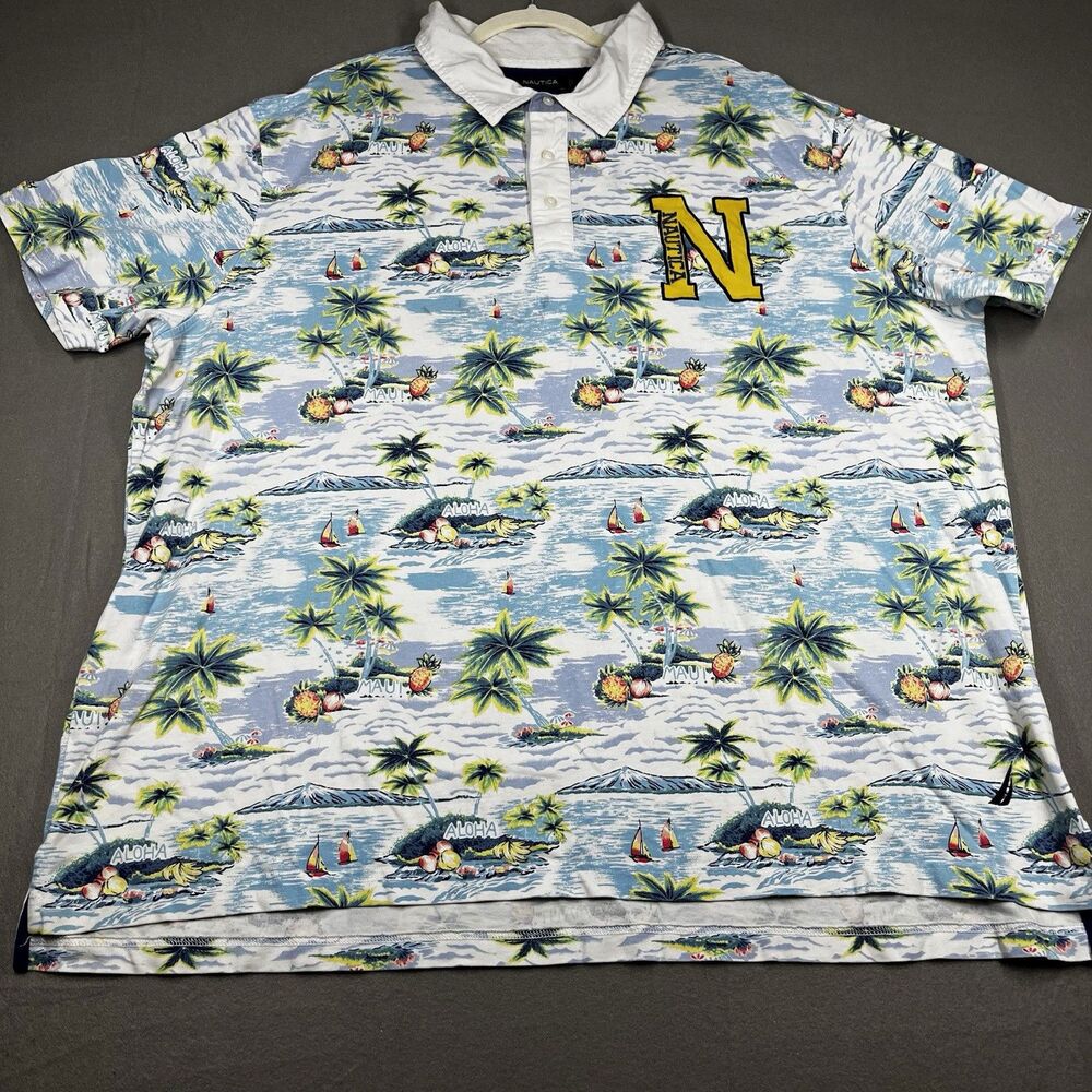 Nautica Mens 4XL Big & Tall Hawaiian Tropical Graphic Polo Shirt Blue pineapple